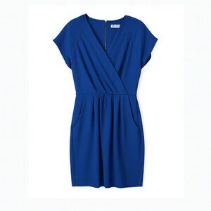 Chic Blue Faux Wrap Dress Short Sleeve V-Neck Pockets Size 8